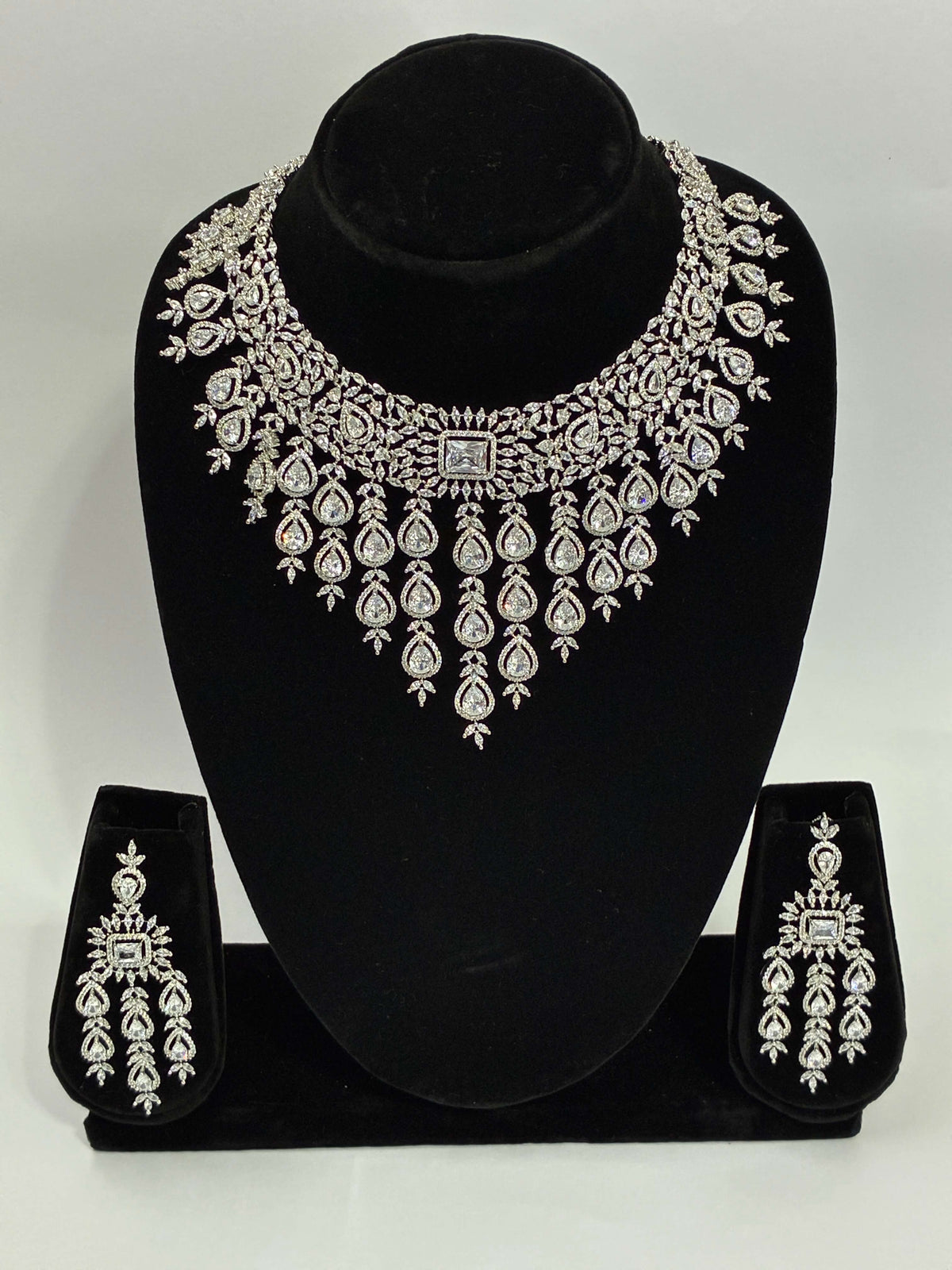 CZ Silver tone Statement Necklace Set