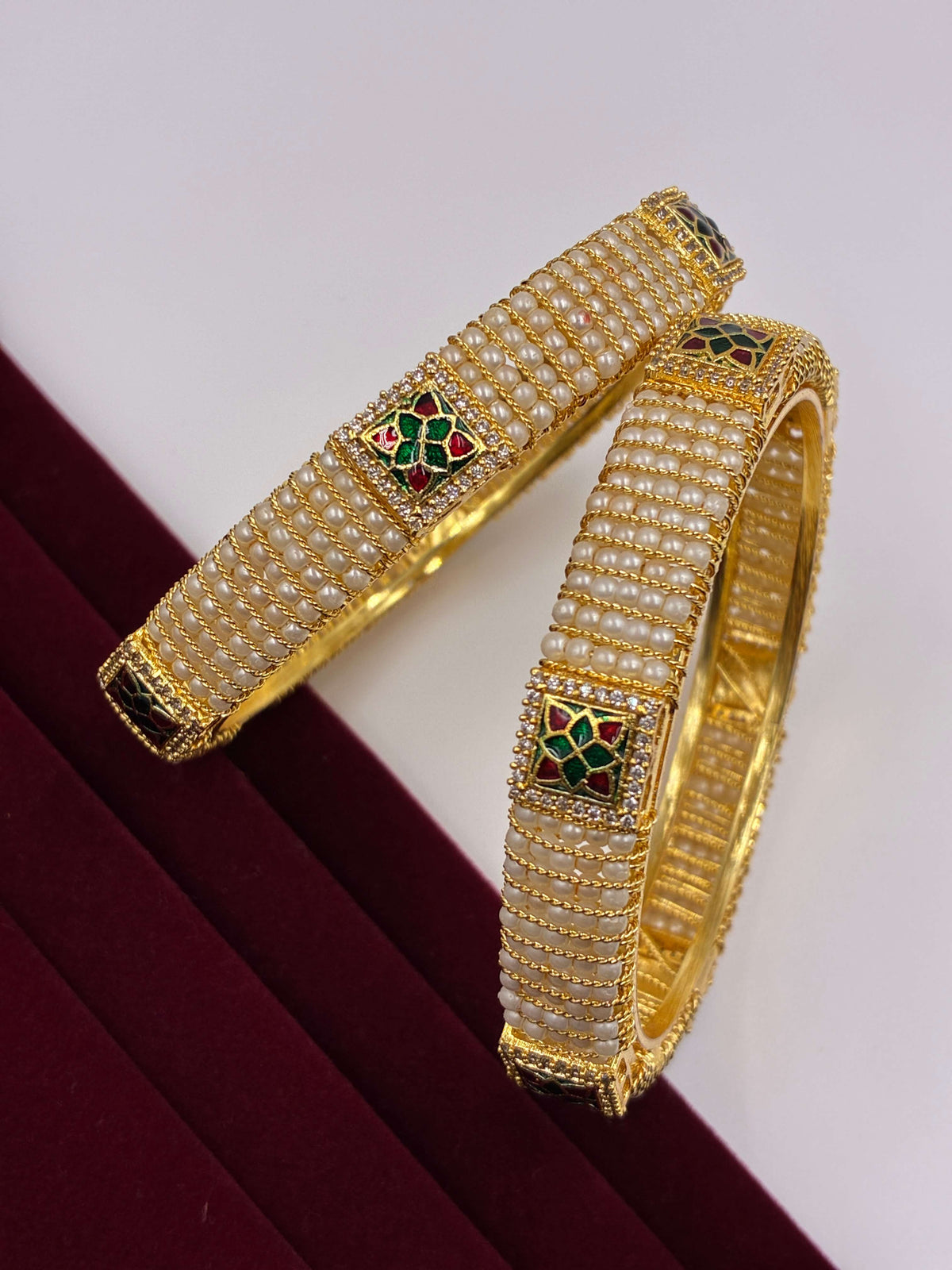 Pearl Bangle with Ruby Green Meenakari
