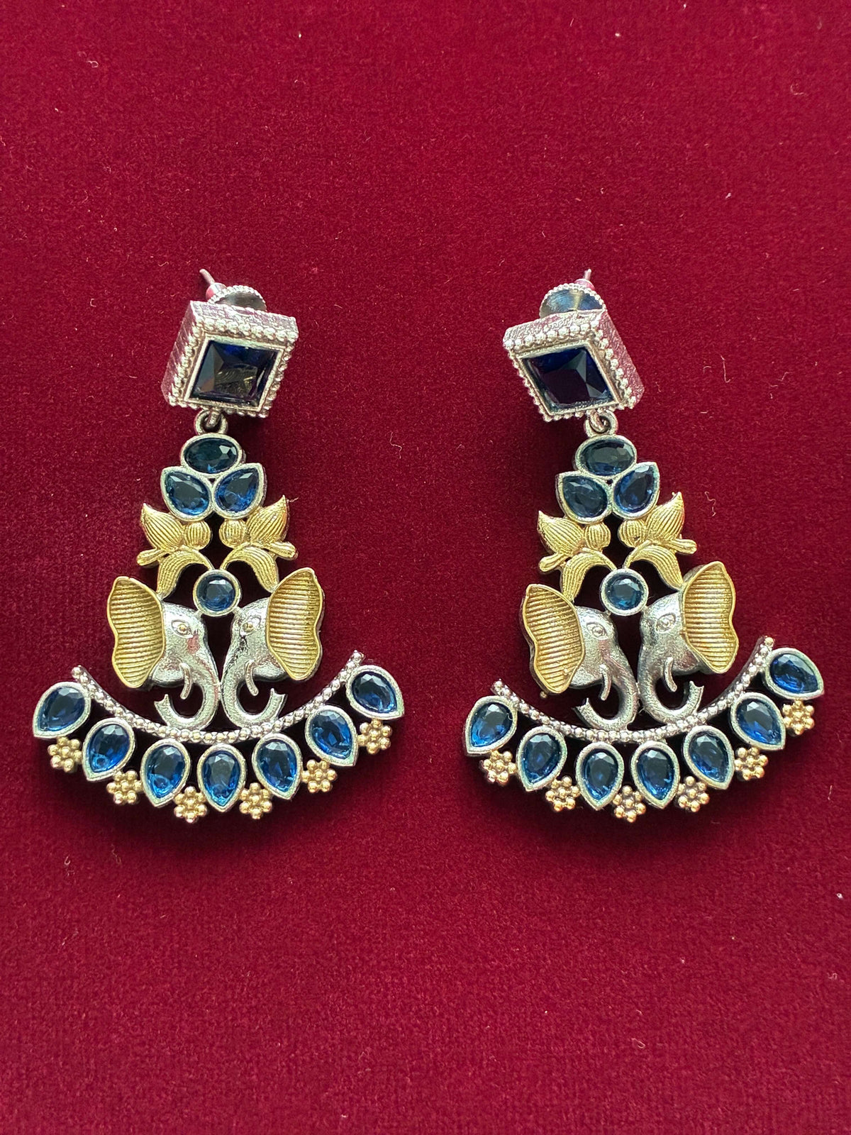 Oxidised Saphire Blue Elephant Earring