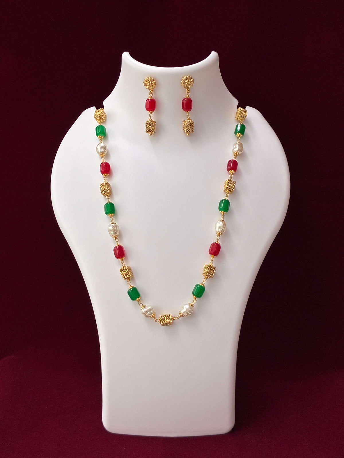 Antique Ruby Green Traditional Mala Necklace Set