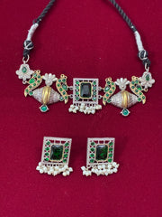 Oxidised Dual tone Folk Pattern Choker Necklace Set