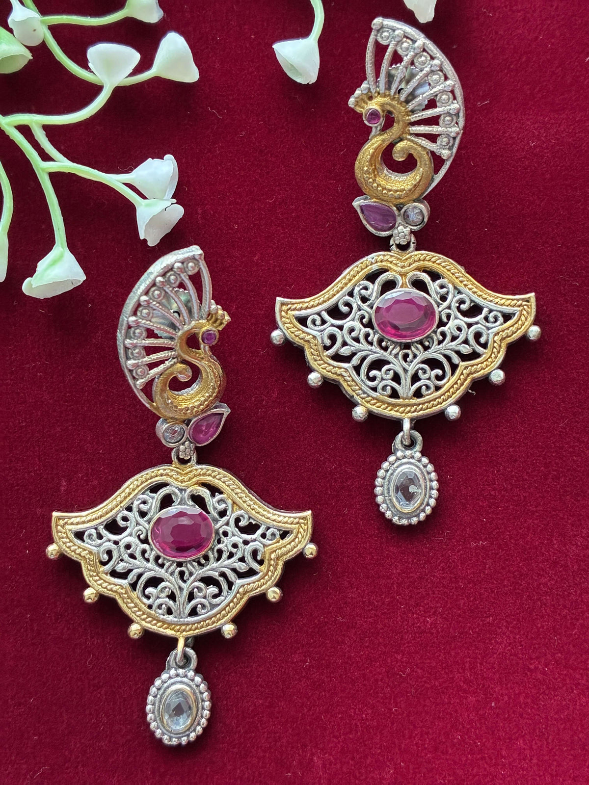 Oxidised Adorable Ruby Peacock Earring
